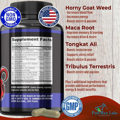 YUMMYVITE -120 120 Horny Goat Weed Extra Strength Capsules w. Maca, L-Arginine, Ginseng - Boost Desire, Performance