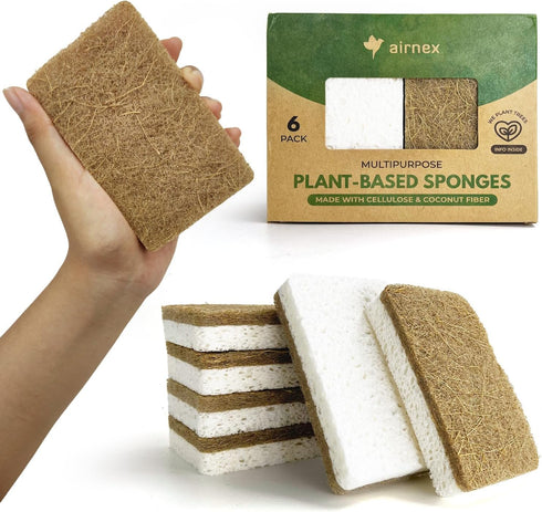 Natural Kitchen Sponges, Pack of 6, Cellulose & Coconut Dish Sponge, Odor Free, Eco-Friendly for Cleaning
