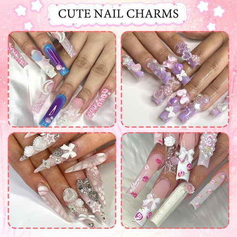 RODAKY 1000PCS White Nail Charms, 3D Bows Heart Butterfly Charms for Nail Art Decoration, DIY Accessories