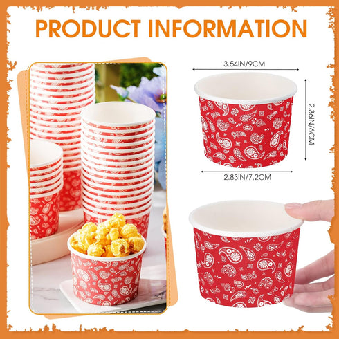 Nuanchu 100 Pack 9 oz Red Bandana Paper Ice Cream Cups, Disposable Dessert Bowls for Cowboy Birthday Party