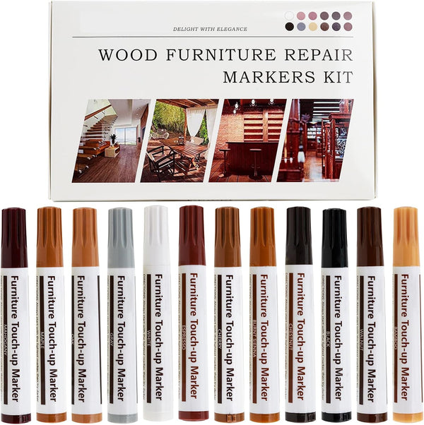 New Upgrade 12 Colors Furniture Pens for Touch Up, Wood Scratch Repair Markers, Professional Repair Tools