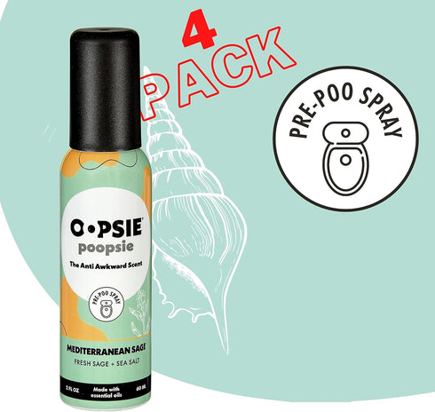 Pre Poop Spray, 4 Pack Natural Toilet Spray, 2oz Travel Size, Trap Odors & Eliminate Embarrassment (Mediterranean Sage)