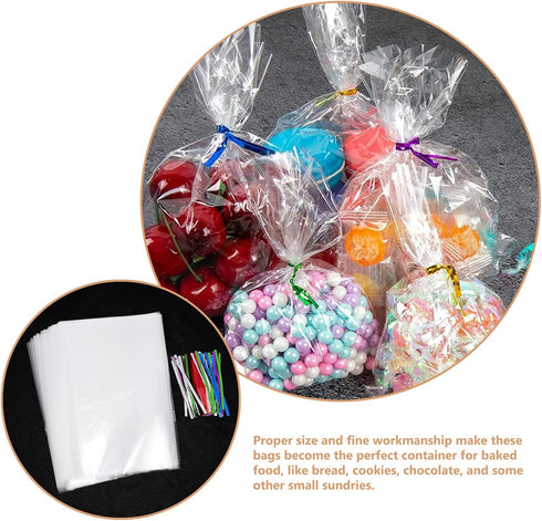 Gusseted 200pcs (15x23cm) Packaging Wakauto Poly Bread Bags with Mixed Color Twist Ties, Bakery Dessert Storage Bags
