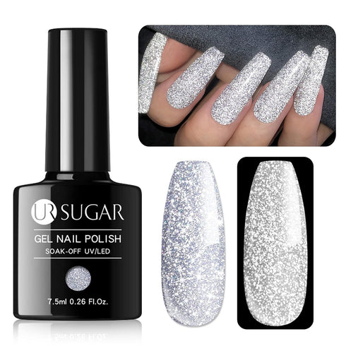 UR SUGAR Reflective Glitter Gel Nail Polish, Silver Sparkly Shimmery Gel Polish for Nail Art Manicure DIY