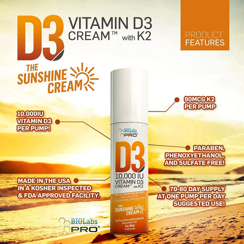 BIOLABS PRO All Natural Vitamin D3 10000IU Cream, Maximum Strength, with Vitamin K2 & Olive Leaf Extract