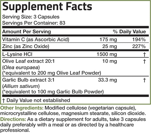 Bronson L-Lysine Defense Immune Support Complex 1500 MG - 250 Non-GMO Vegetarian Capsules with Olive Leaf, Garlic,