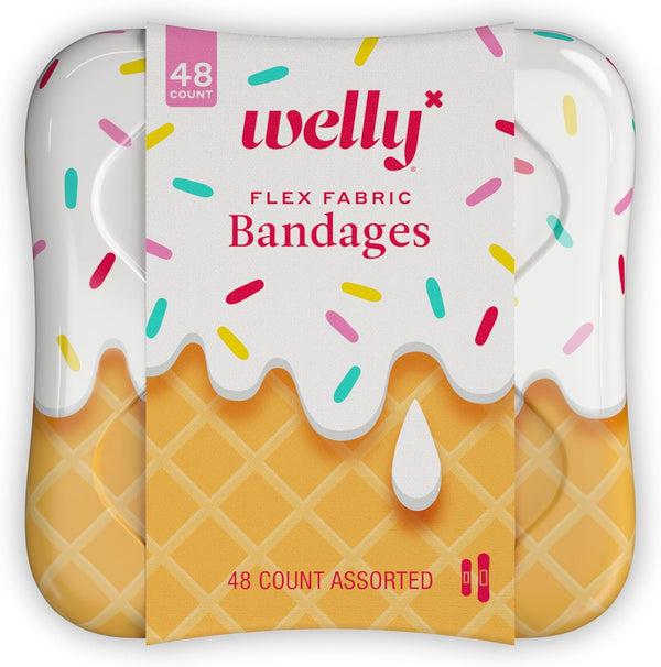 Welly Bandages | Adhesive Flexible Fabric Bravery Badges | Assorted Shapes for Minor Cuts, Colorful First Aid Tin | Ice