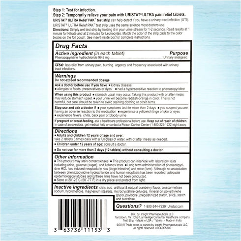 URISTAT Ultra UTI Relief Pak - UTI Treatment for Women and Men, 1 UTI Test Strip and 12 Treatment Tablets, 1 Box