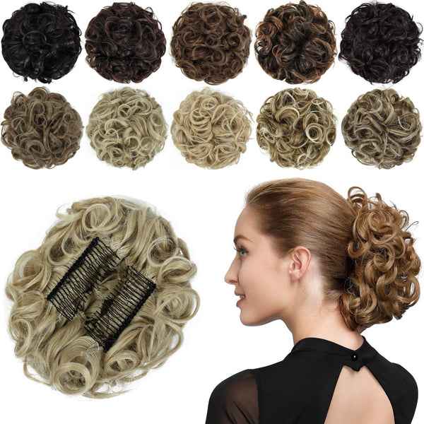 Rose Bud Curly Bun Hairpiece Extensions, Light Ash Blonde Messy Updo Scrunchie with Combs for Women