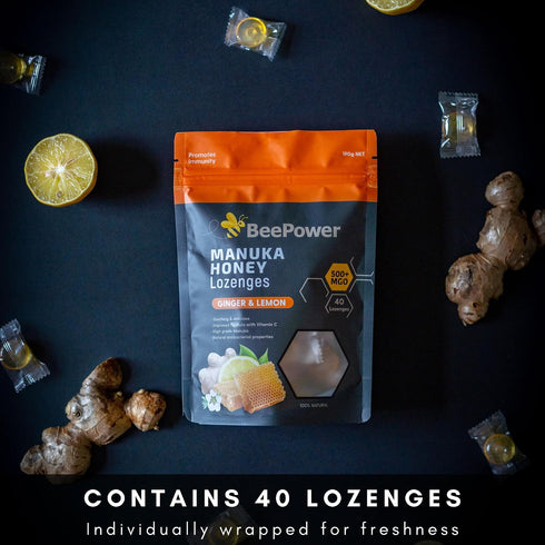 Lozenges 500+ 40 Lozenges 6.7 Oz Bee Power Manuka Honey | MGO Manuka Honey Drops | Contains Ginger Lemon Flavor |