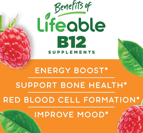 Lifeable Vitamin B12 Gummies for Adults - 1000 mcg, Great Tasting B12 Vitamins, Non-GMO, Vegan B12 for Energy and