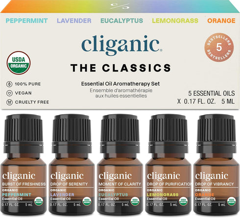 Cliganic Organic Essential Oils Set - Top 5 Classics, 100% Pure Natural Aromatherapy Oils