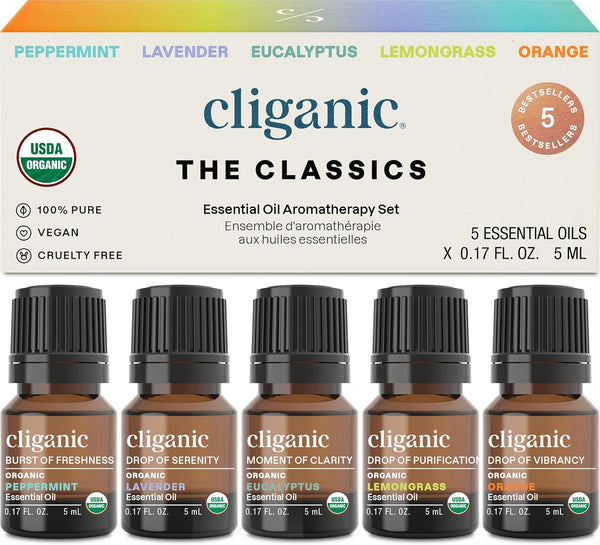 Cliganic Organic Essential Oils Set - Top 5 Classics, 100% Pure Natural Aromatherapy Oils