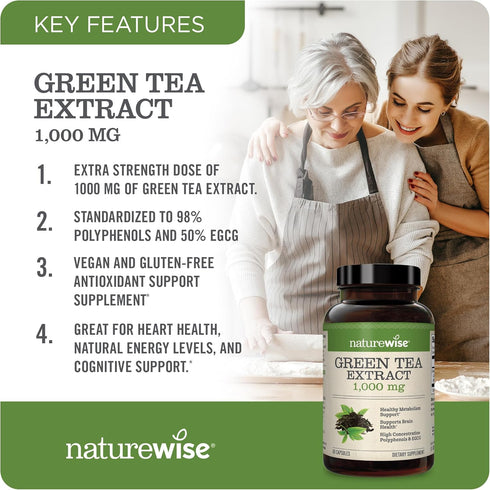 NatureWise Green Tea Extract Capsules 1000 mg - 50% EGCG & 98% Polyphenols - Extra Strength Antioxidants, 60 Capsules