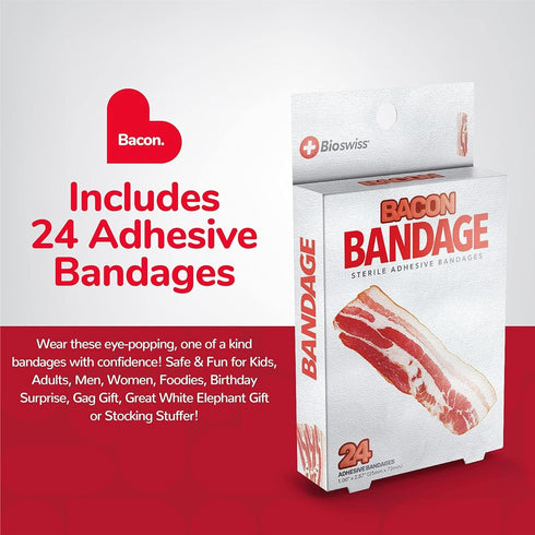 BioSwiss 24 Count Bacon Shaped Self Adhesive Bandages - Fun First Aid Kit for Kids