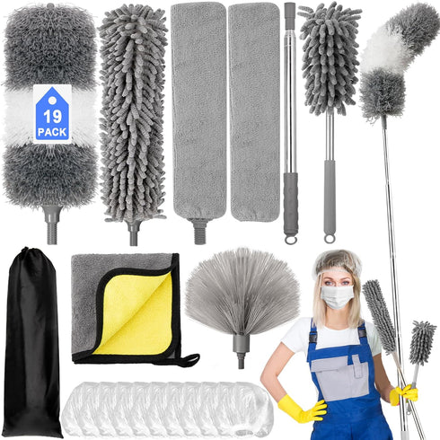 Microfiber Duster Kit, 19 Pcs with 30 to 100 Inches Extension Pole, Washable Feather Duster for Cleaning Ceiling Fans
