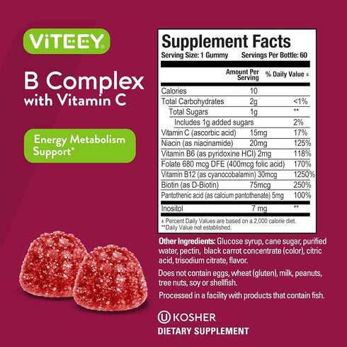 Vitamin B Complex Gummies for Adults - Supports Energy & Metabolism with Vitamin C, B6, B12, Niacinamide, Biotin