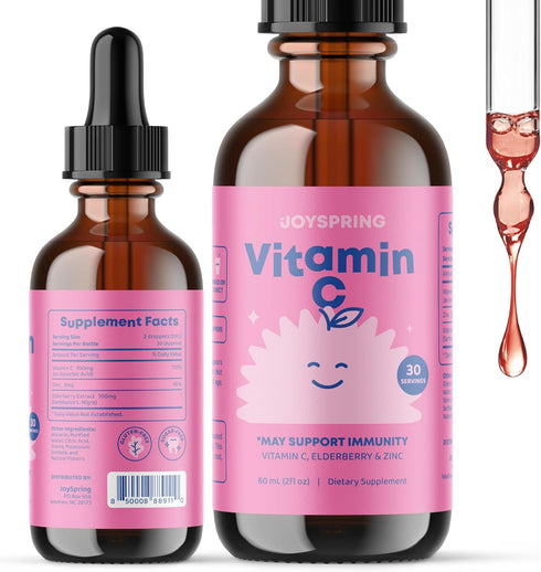 JoySpring Elderberry Liquid Supplement for Kids, Vitamin C and Zinc, Alcohol-Free, 2+ Years, 30 Servings (2 fl oz)
