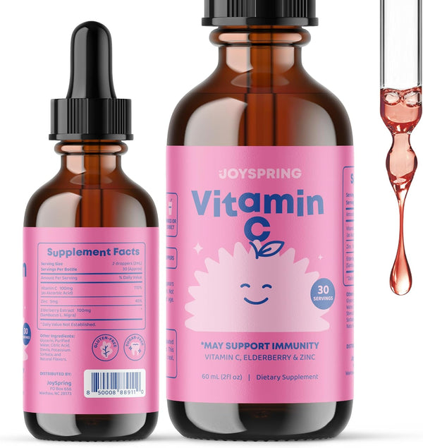JoySpring Elderberry Liquid Supplement for Kids, Vitamin C and Zinc, Alcohol-Free, 2+ Years, 30 Servings (2 fl oz)