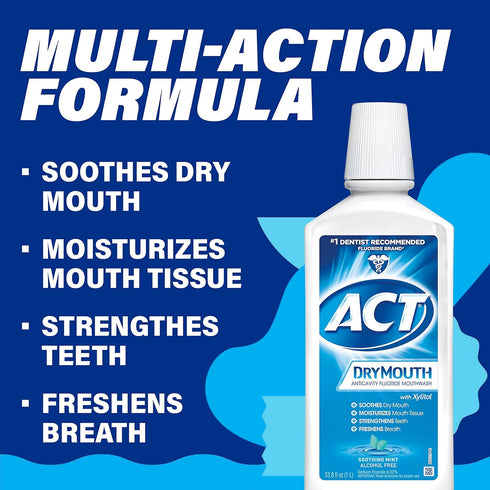 ACT Dry Mouth Anticavity Mouthwash, Zero Alcohol Fluoride, Soothing Mint, 33.8 fl. oz.