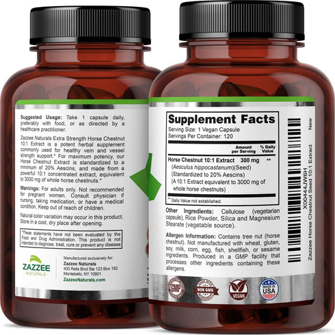 Zazzee Extra Strength Horse Chestnut 10:1 Extract, 3000 mg, 120 Vegan Capsules, 4 Month Supply