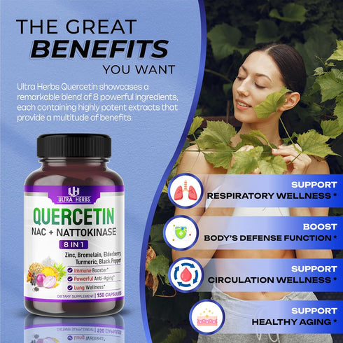 Quercetin Supplement with Bromelain, Vitamin C, Zinc, Nattokinase, NAC, Elderberry, 150 Capsules