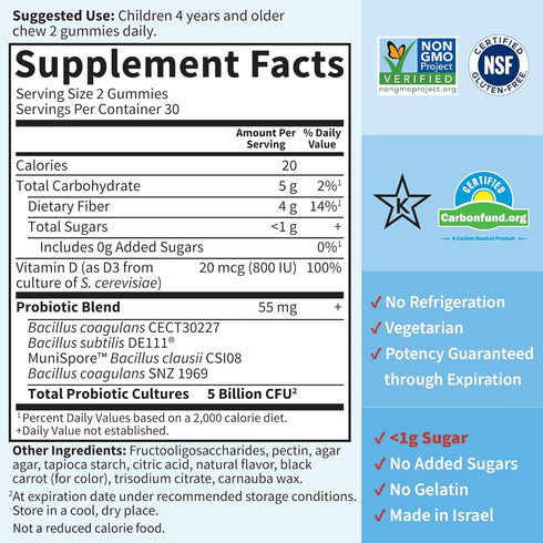 Garden of Life Dr Formulated 5 Billion CFU Prebiotic Fiber, Probiotic and Vitamin D3 Gummies for Kids - 60 Gummies