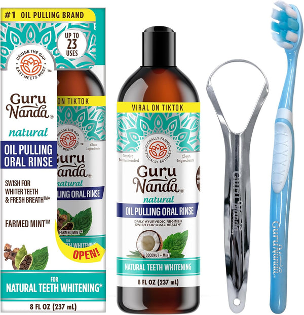 GuruNanda Coconut Oil Pulling Mouthwash (Mickey D), 8 oz, Fresh Breath & Whitening with 7 Essential Oils & Vitamins for