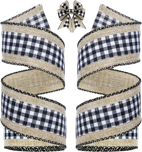 2 Rolls Buffalo Plaid Ribbons, 8 Yards Each, 2" Wide Wired Edge Gingham Fabric for Gift DIY Bows