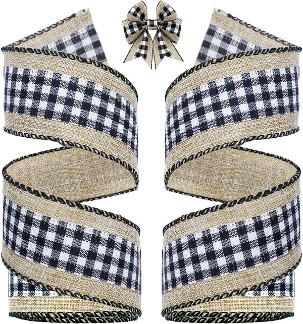 2 Rolls Buffalo Plaid Ribbons, 8 Yards Each, 2" Wide Wired Edge Gingham Fabric for Gift DIY Bows