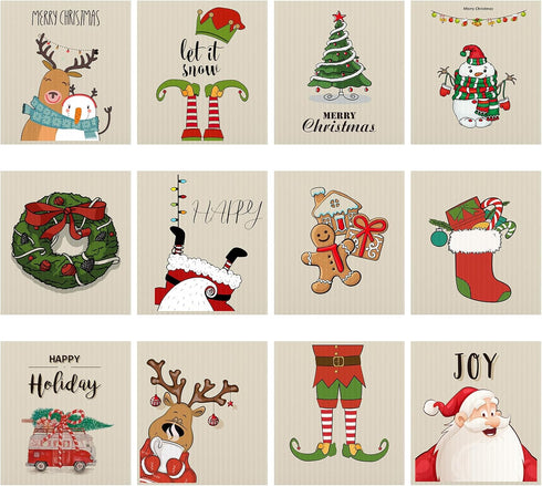 12 Pcs Christmas Swedish Themed Dishcloths, Reusable Absorbent Xmas Kitchen Dish Cloths for Home Party Cleaning
