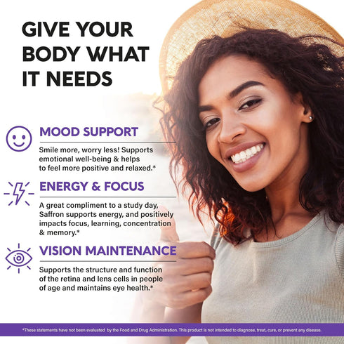 Natural Saffron Supplements, Pure Saffron Extract 88.5 mg, 90 Powder Capsules for Mood & Energy Support