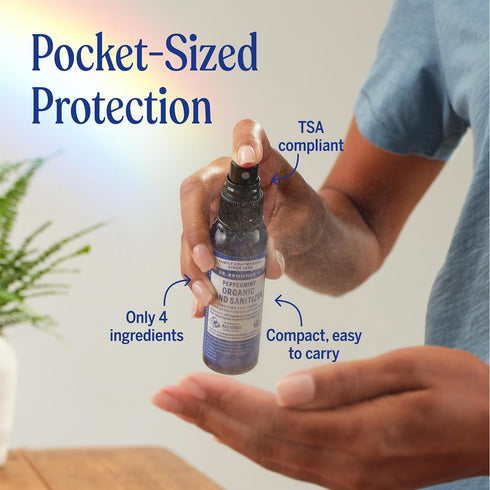 Pack 2oz (6-Pack) Dr. Bronner's Organic Hand Sanitizer Spray Variety Travel Size Bulk, Simple & Effective Formula