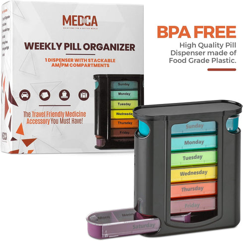 Stackable Daily Pill Organizer - Weekly Medication Reminder, Premium AM/PM Pill Box with 7 Individual Stacking Cases