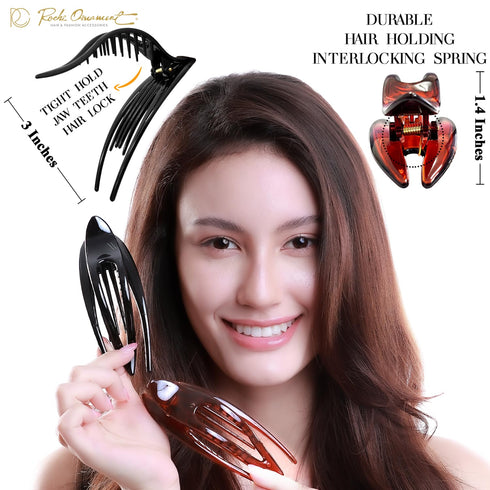 RC ROCHE ORNAMENT 2 Pcs Women's French Concord Curved Hair Clip, No Slip Strong Grip, Medium Black & Brown