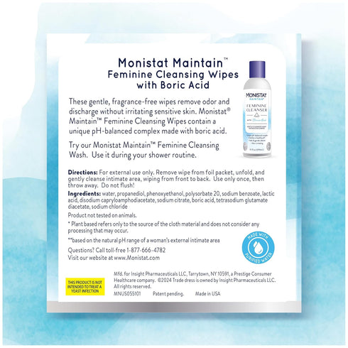 Monistat Maintain Feminine Wipes with Boric Acid, Fragrance Free, 12 Ct for Feminine Care