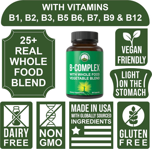 Vitamin B Complex Capsules + Whole Food Blend | 90 Capsules | Best Vegan B-Complex Supplement with 25 Vegetables &