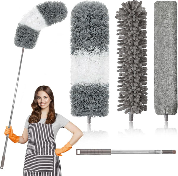 Microfiber Duster, 4PCS with Extension Pole (Stainless Steel) 30 to 100 Inches, Reusable Washable for Cleaning High