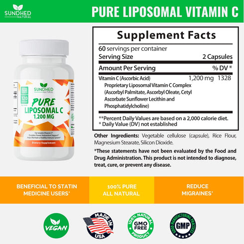 Pure Liposomal Vitamin C - 1200mg Immune System & Collagen Health Booster, 120 Capsules