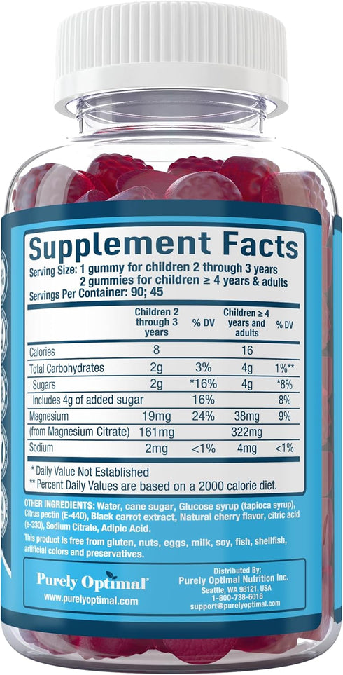 Purely Optimal Magnesium Citrate Gummies - 90 Gummies for Kids & Adults, Delicious Cherry Flavor for Sleep & Muscle