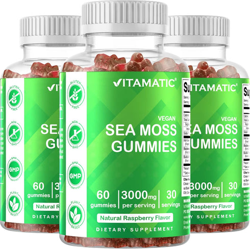 Vitamatic Irish Sea Moss Gummies - 3000 mg, 60 Vegan Gummies for Thyroid, Energy, Immune Support - Pack of 3