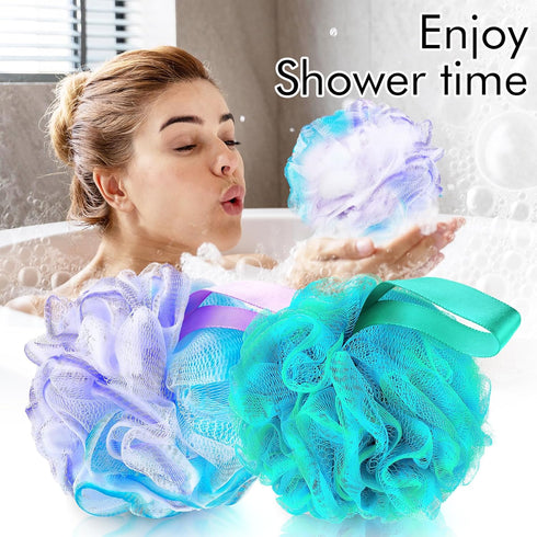 2Pcs Shower Loofahs Bath Sponges, 60g Large Soft Nylon Mesh Puff Balls, Exfoliating Body Scrubber Set for Men & Women