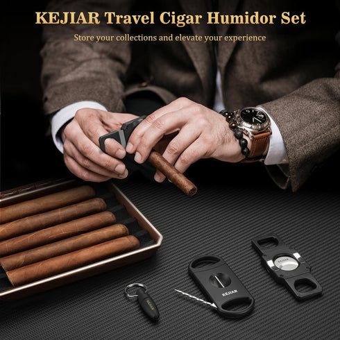 Cigar Humidor Set, Travel Humidor for Cigars, Includes 2 Cigar Cutters, Humidity Pack, Airtight Cigar Case (Dark)