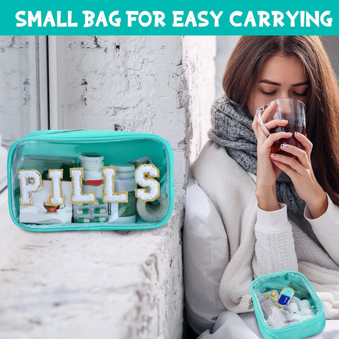 Hillban 2 Pcs Clear Makeup Bag Set, Preppy Chenille Letter Nylon Pouch for Travel Meds and Cosmetic Supplies