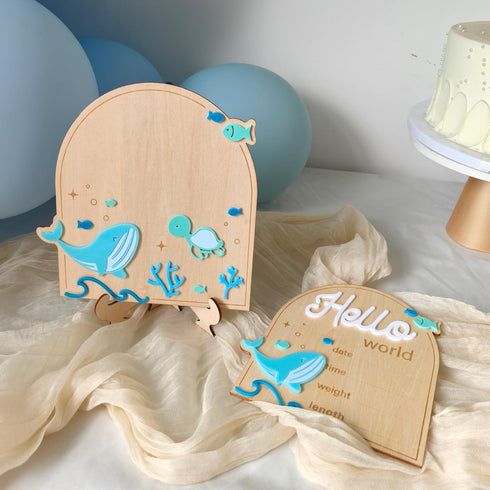 YOUAME Set Birth Announcement Wood Sign Board - Boy Under The Sea Newborn Footprint Milestone, Ocean Theme Hello World