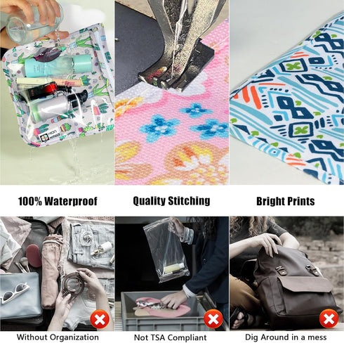 TSA Approved Toiletry Bag Set of 3 Clear Travel Quart Size Zipper Pouches, Waterproof Makeup Bag for Toiletries, Cacti A