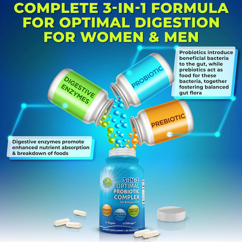 Probiotics with Digestive Enzymes and Prebiotic for Gut Health - 3-in-1 Vegan Multi Enzyme Complex for Women and Men