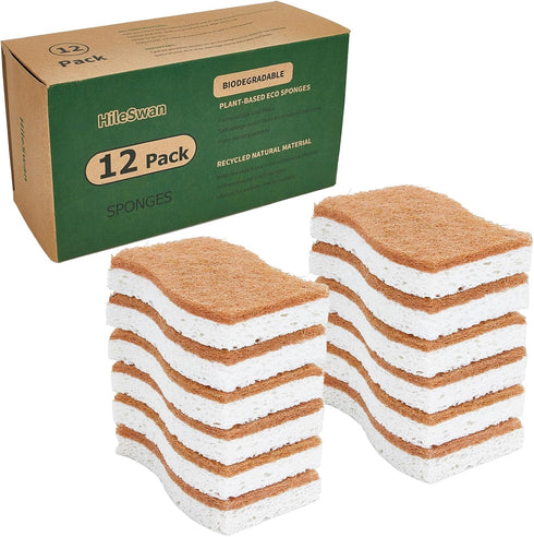 Natural Kitchen Sponges, 12 Pack Non-Scratch Biodegradable Cellulose Dish Scrub Sponges for Cleaning