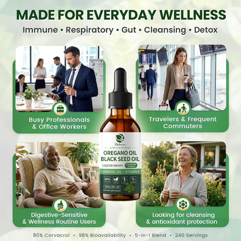 Immune 80% 2 Oz, 8 Oil of Oregano Drops with Black Seed Oil, Turmeric Oil, Vitamin E & Olive Oil Based, Digestive