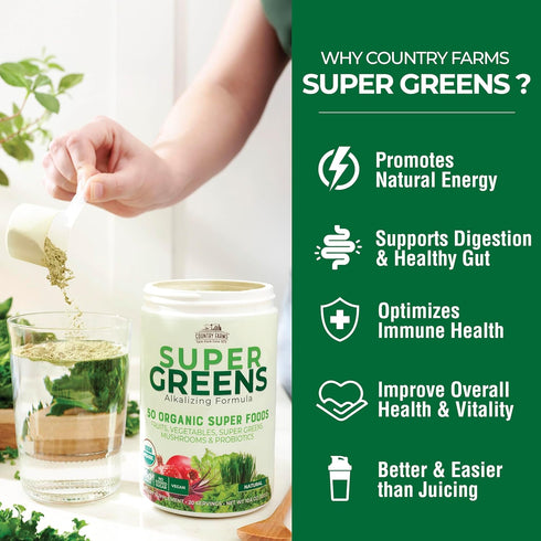 COUNTRY FARMS Super Greens Natural Flavor, 50 Organic Super Foods, 60 Servings Drink Mix with Fiber and Probiotics